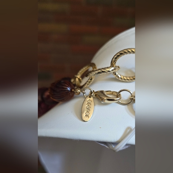 Vintage George Gold Tone and Purple Brown Tan Color Beaded Necklace - Picture 5 of 9